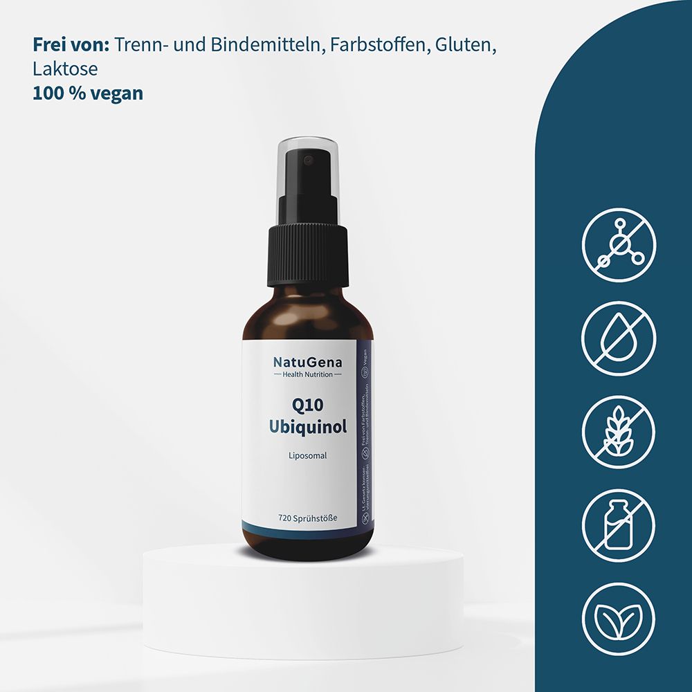 Spray Q10 Ubiquinol Liposomal, sans gluten, lactose, colorants. 100% vegan.