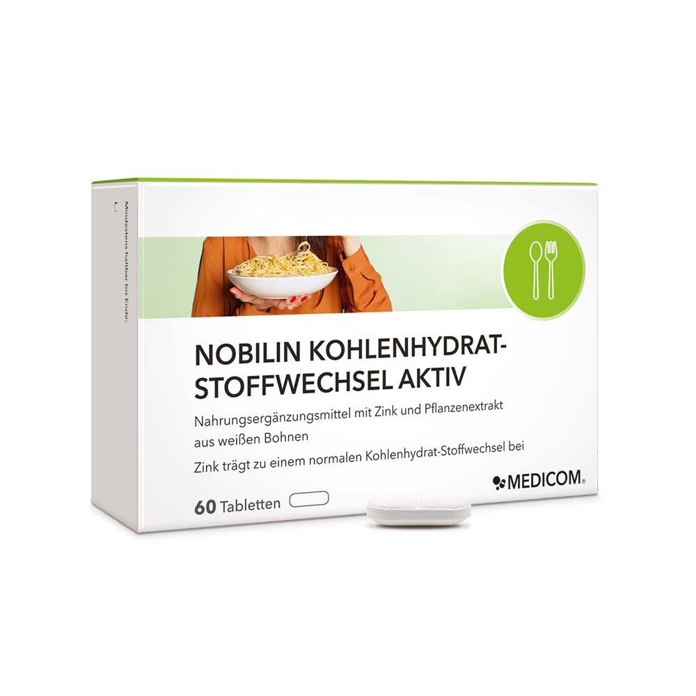 Weiße Tablettenpackung mit Produktnamen und Logo. Eine Tablette liegt daneben. Text: Nobilin Kohlenhydrat-Stoffwechsel Aktiv.