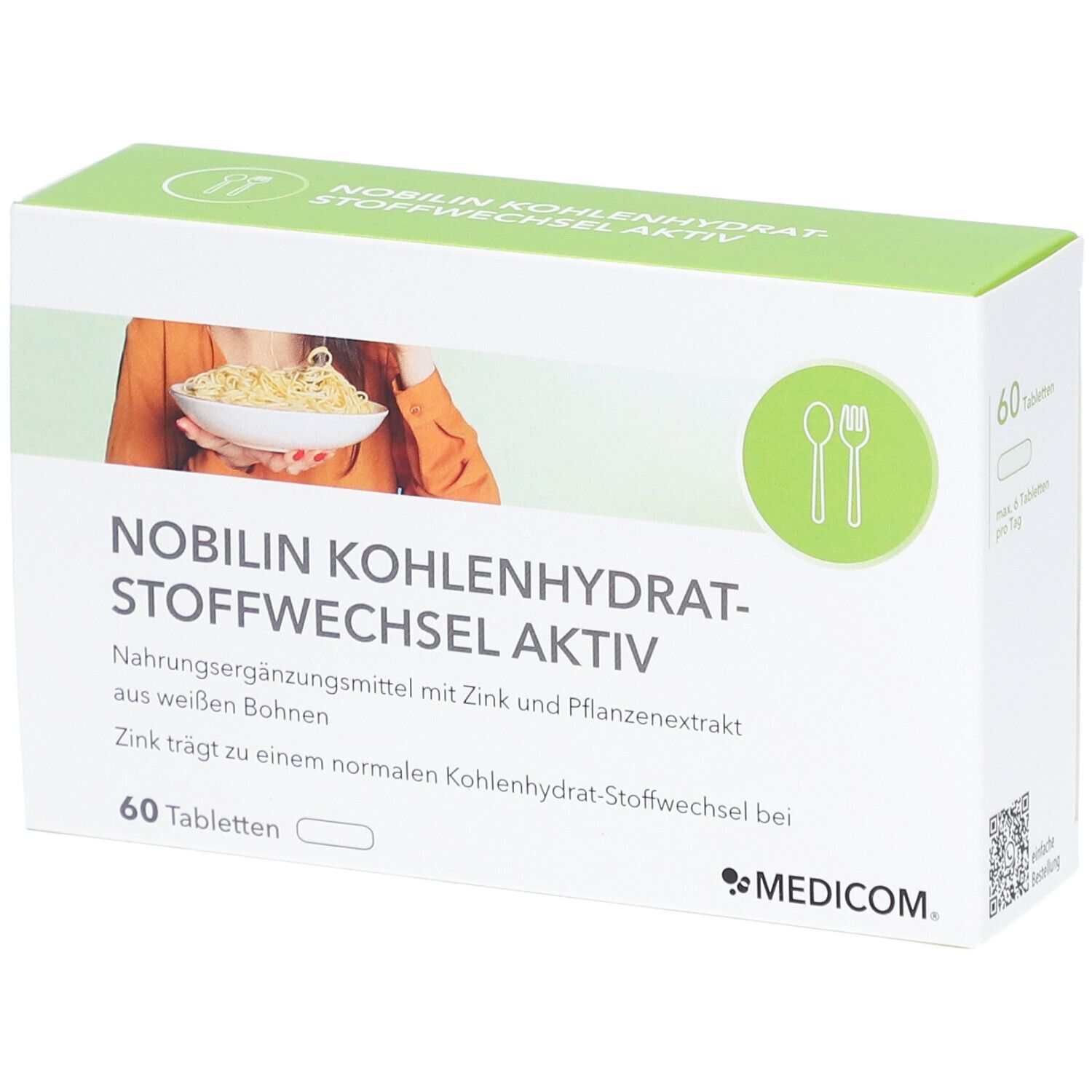 Boîte "Nobilin Kohlenhydrat-Stoffwechsel Aktiv". 60 comprimés. Emballage vert et blanc avec logo et illustration.