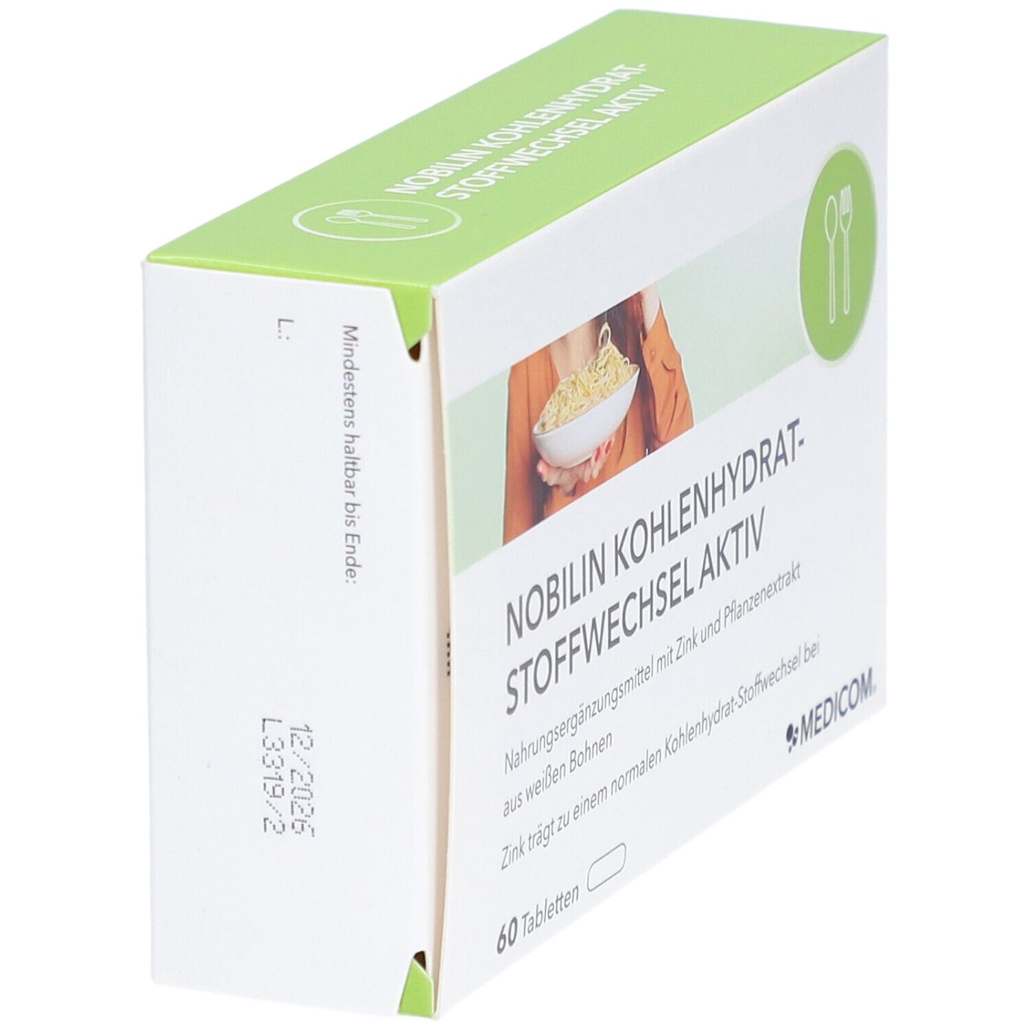 Boîte "Nobilin Kohlenhydrat-Stoffwechsel Aktiv". Vue latérale. Date de péremption 12/2026. 60 comprimés.