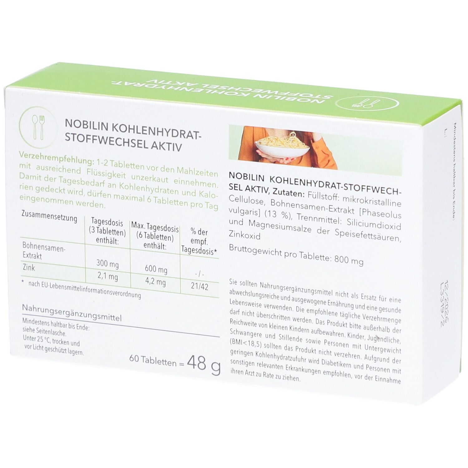 Dos de la boîte "Nobilin Kohlenhydrat-Stoffwechsel Aktiv". Informations sur les ingrédients et le dosage. 60 comprimés.