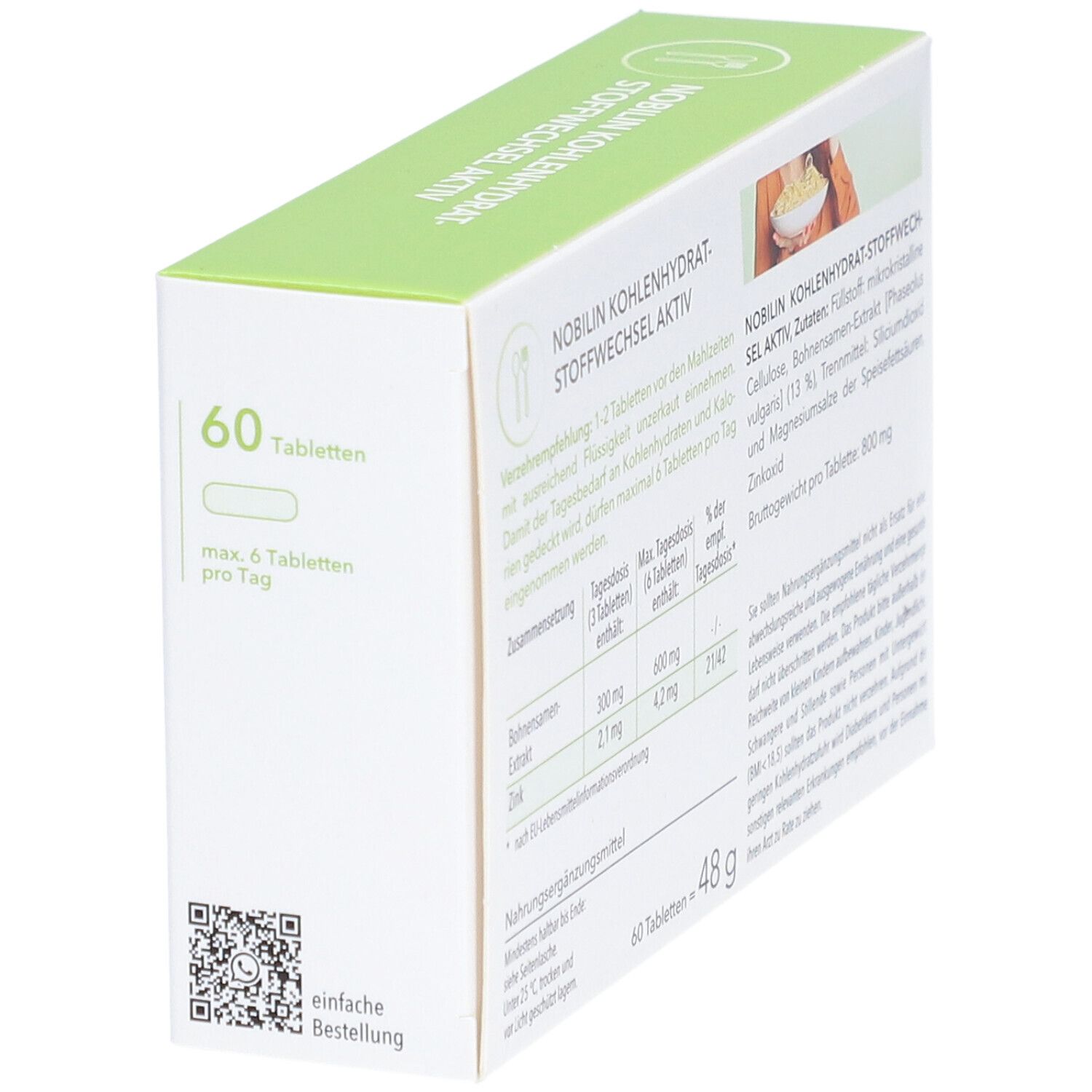 Boîte "Nobilin Kohlenhydrat-Stoffwechsel Aktiv". Vue latérale avec informations. 60 comprimés. Code QR.
