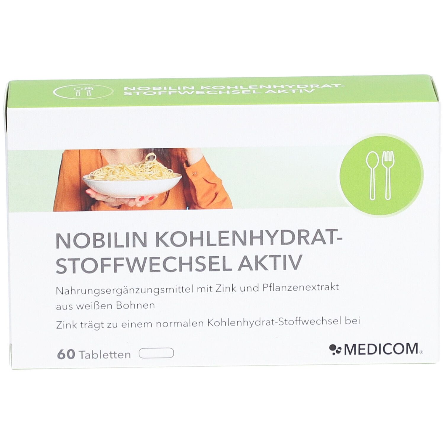Boîte "Nobilin Kohlenhydrat-Stoffwechsel Aktiv". Vue de face. 60 comprimés. Emballage vert et blanc.