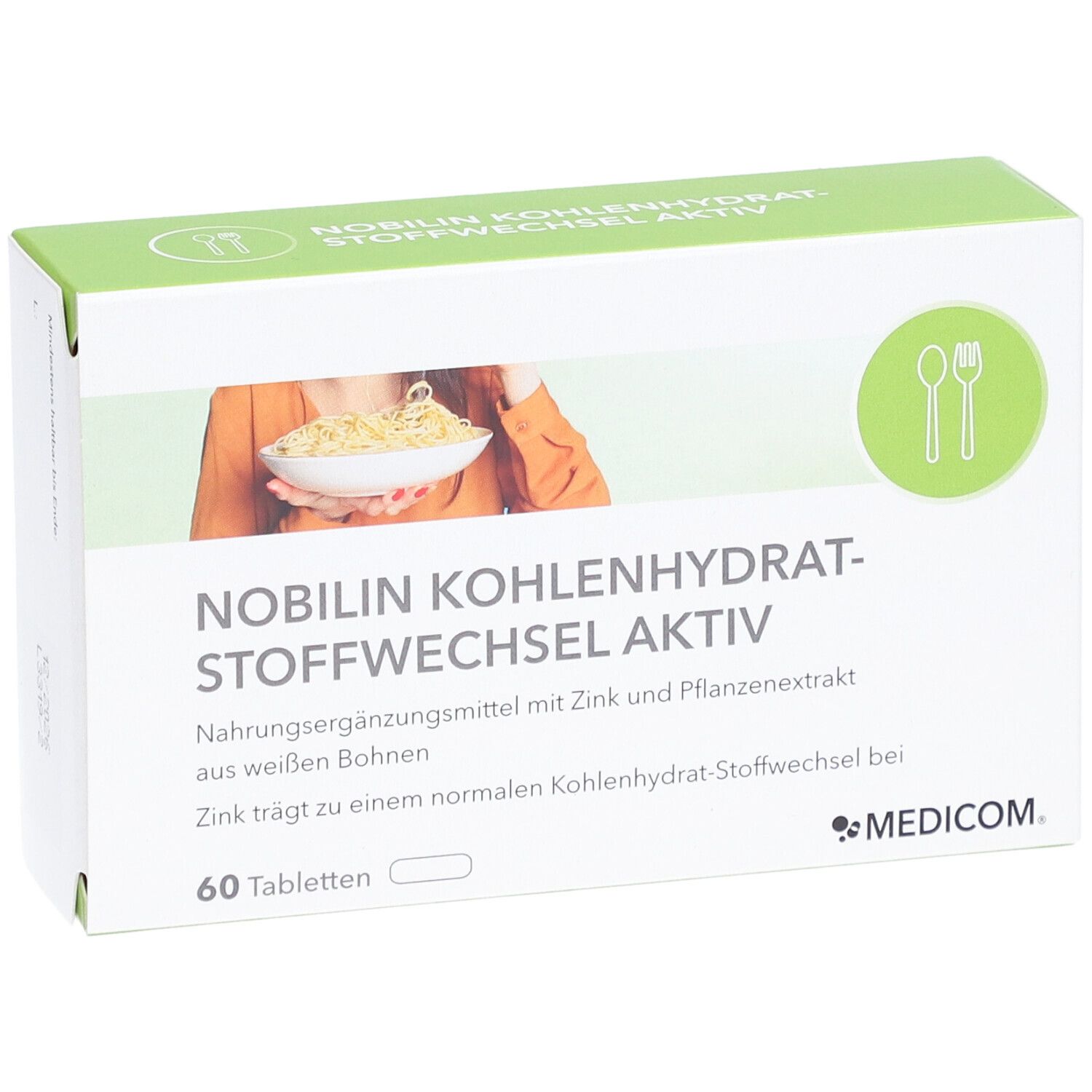 Boîte "Nobilin Kohlenhydrat-Stoffwechsel Aktiv". Vue de face. 60 comprimés. Emballage vert et blanc.