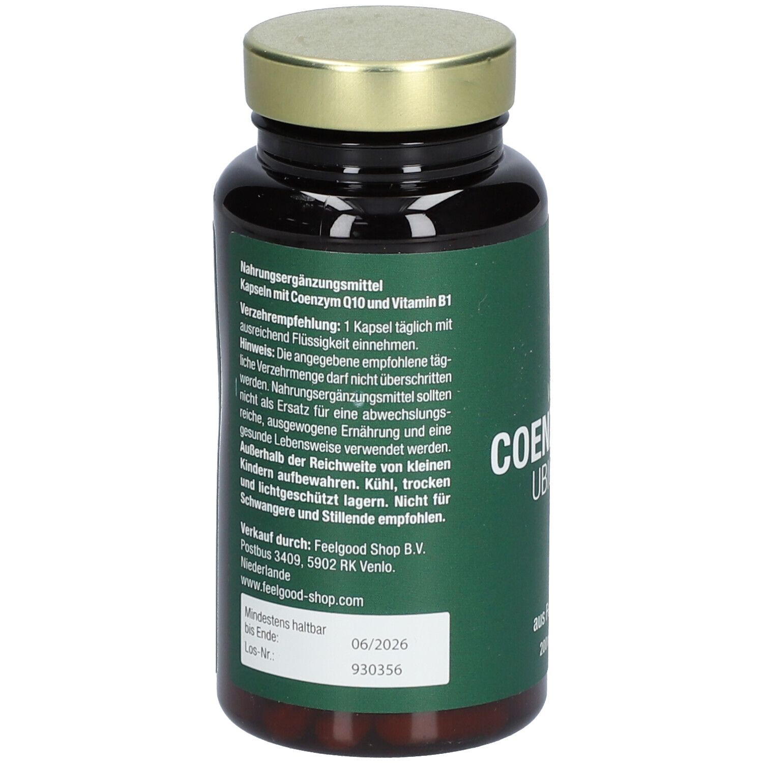 Flacon en verre brun avec bouchon doré. L'étiquette verte porte "vitactiv Vegan Coenzym Q10 Ubichinon".