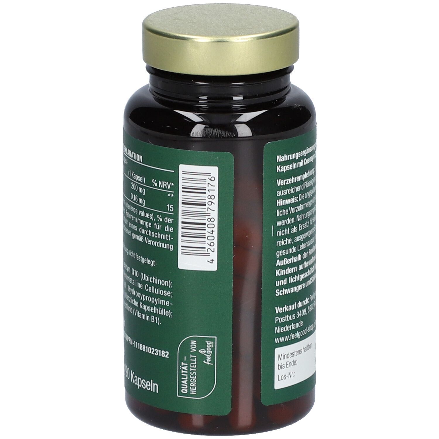 Flacon en verre brun avec bouchon doré. L'étiquette verte porte "vitactiv Vegan Coenzym Q10 Ubichinon".