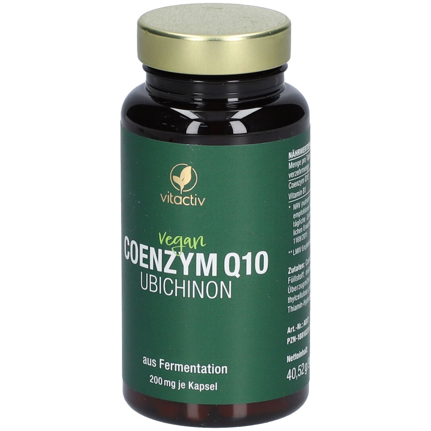 Flacon en verre brun avec bouchon doré. L'étiquette verte porte "vitactiv Vegan Coenzym Q10 Ubichinon".