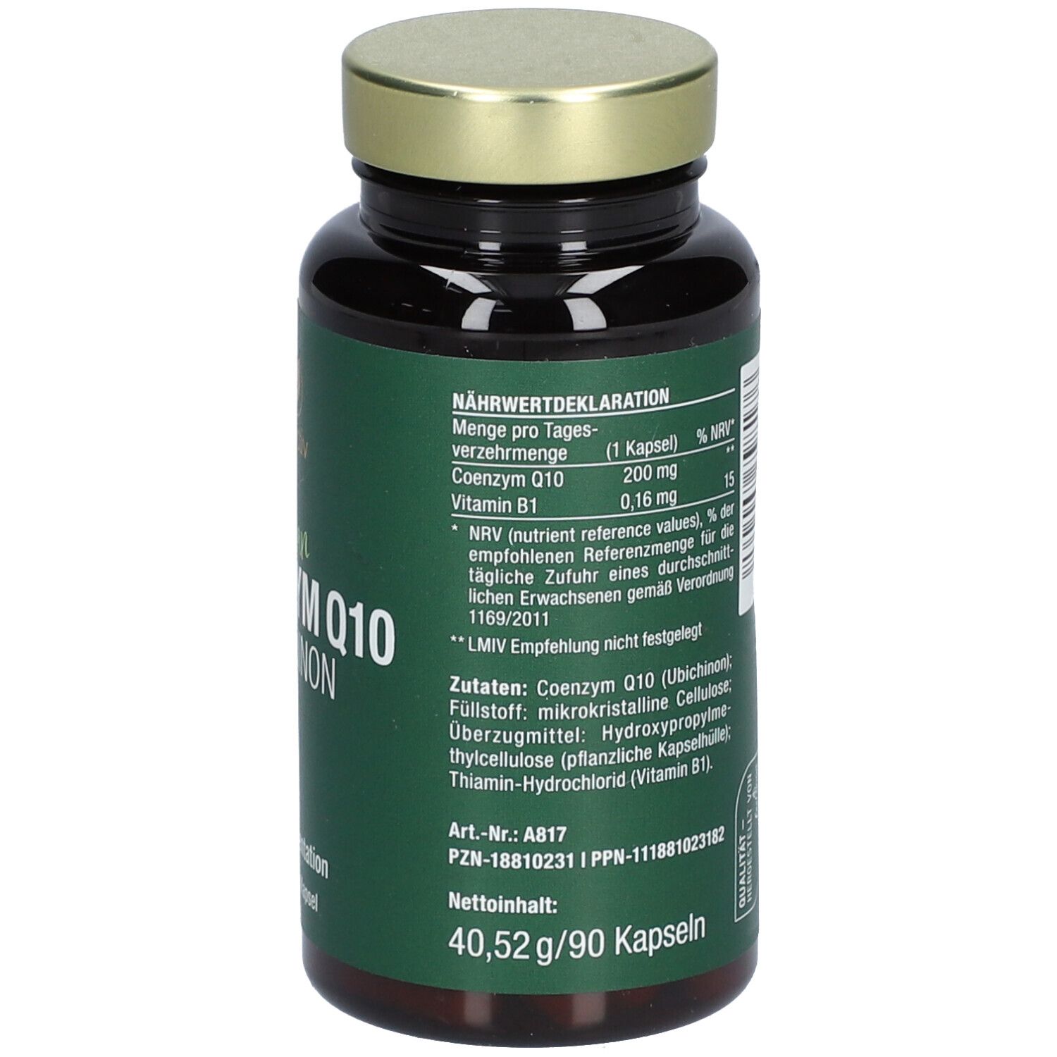 Flacon en verre brun avec bouchon doré. L'étiquette verte porte "vitactiv Vegan Coenzym Q10 Ubichinon".