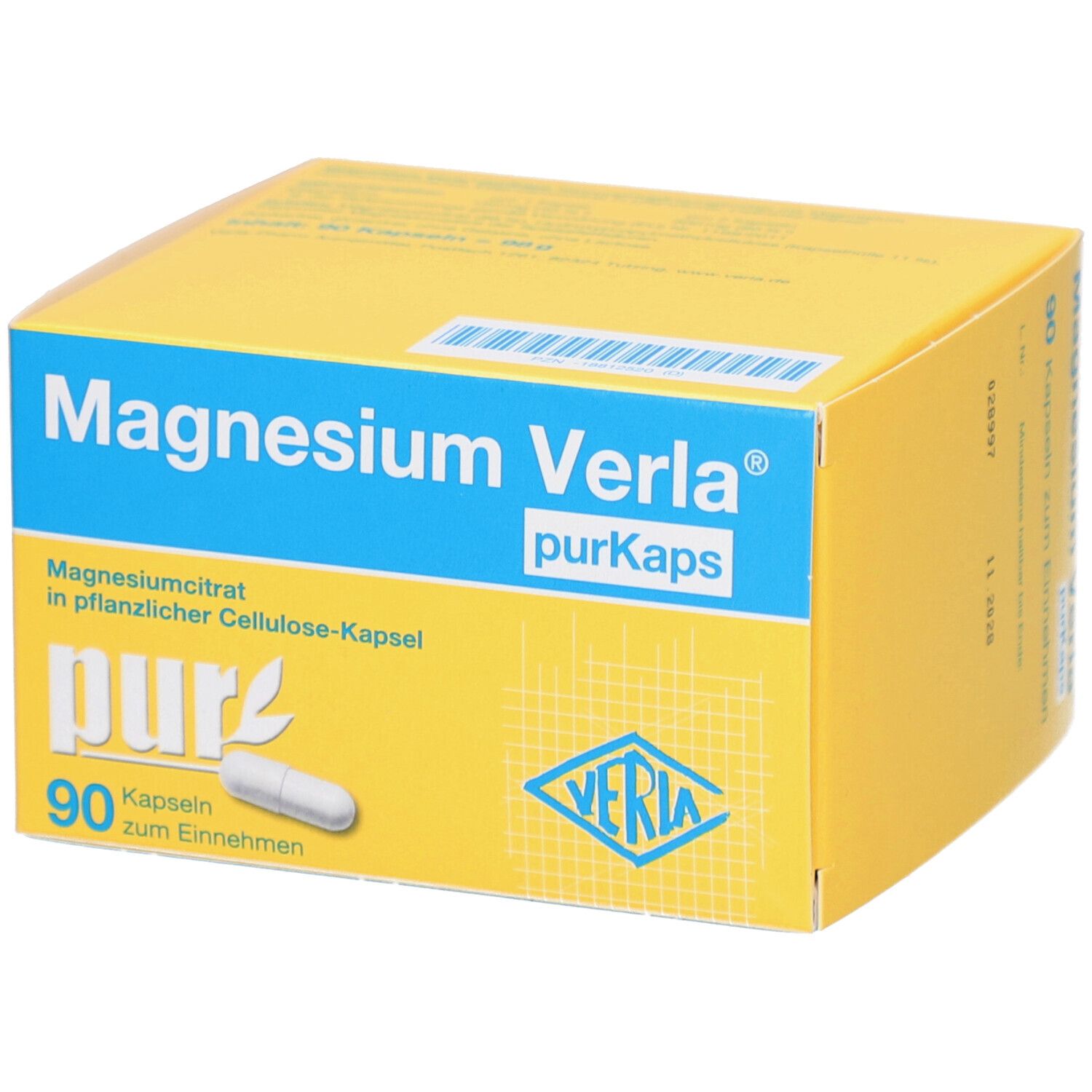 Boîte jaune avec inscription "Magnesium Verla purKaps". Contient 90 gélules. Une gélule est à côté.