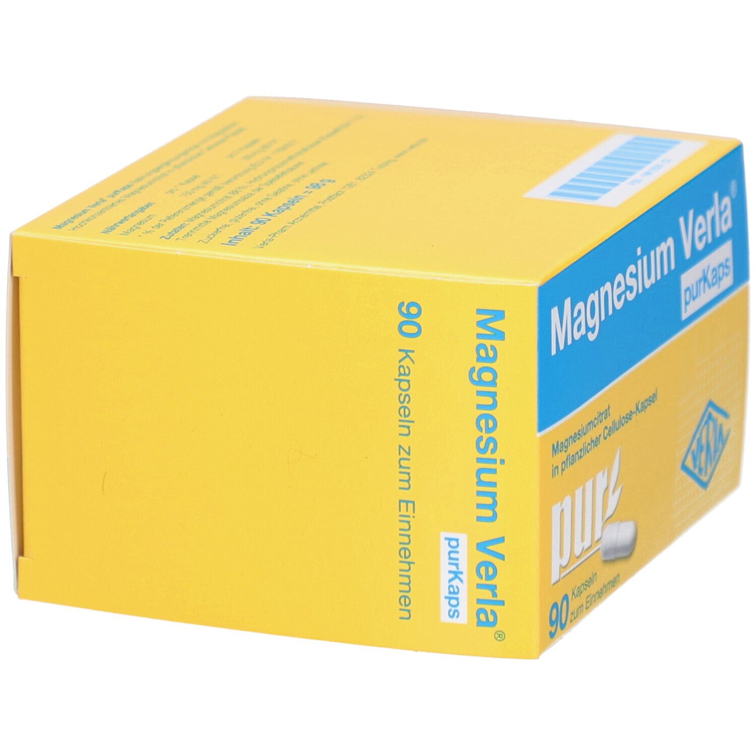 Boîte jaune avec inscription "Magnesium Verla purKaps". Contient 90 gélules. Vue latérale.