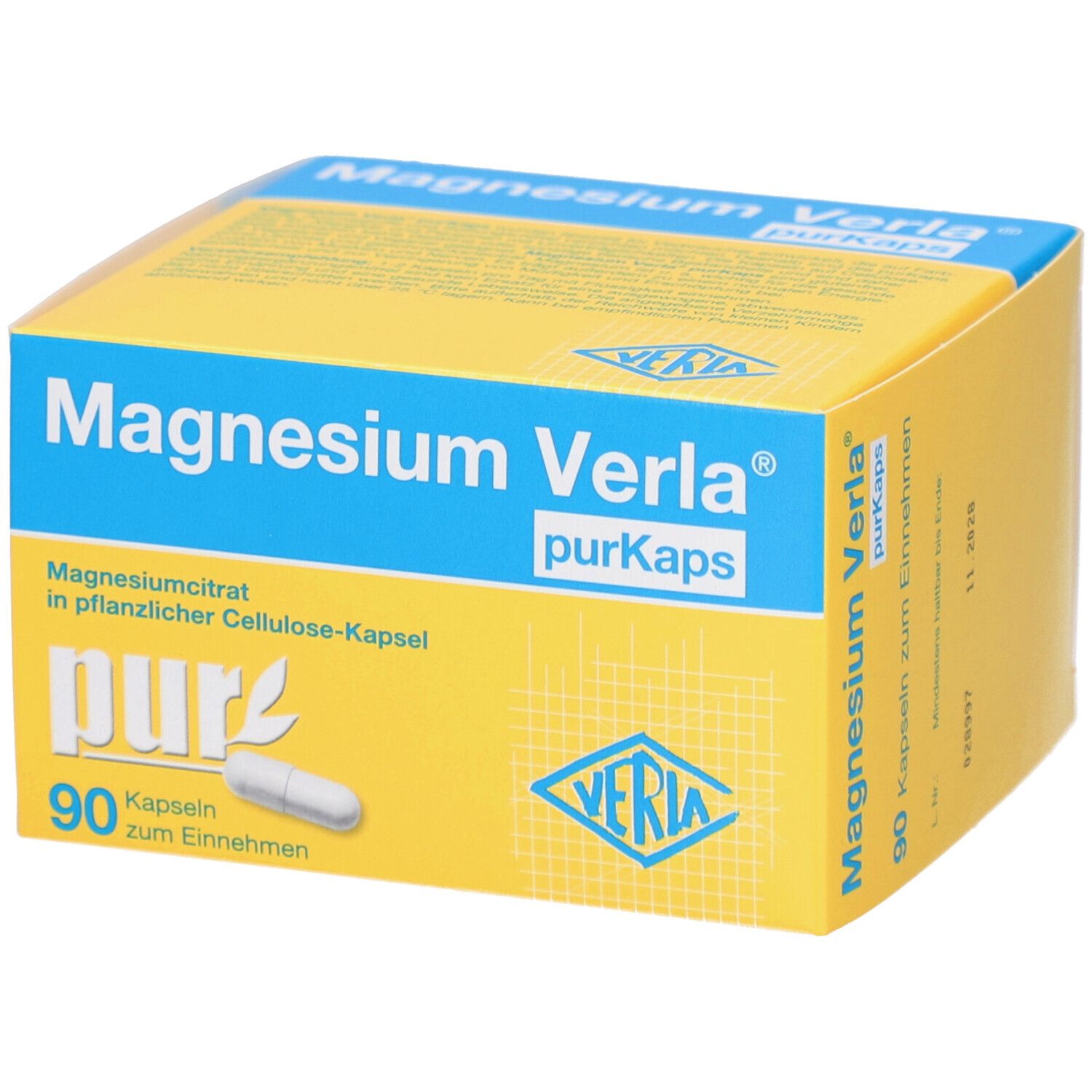 Boîte jaune avec inscription "Magnesium Verla purKaps". Contient 90 gélules. Vue perspective.