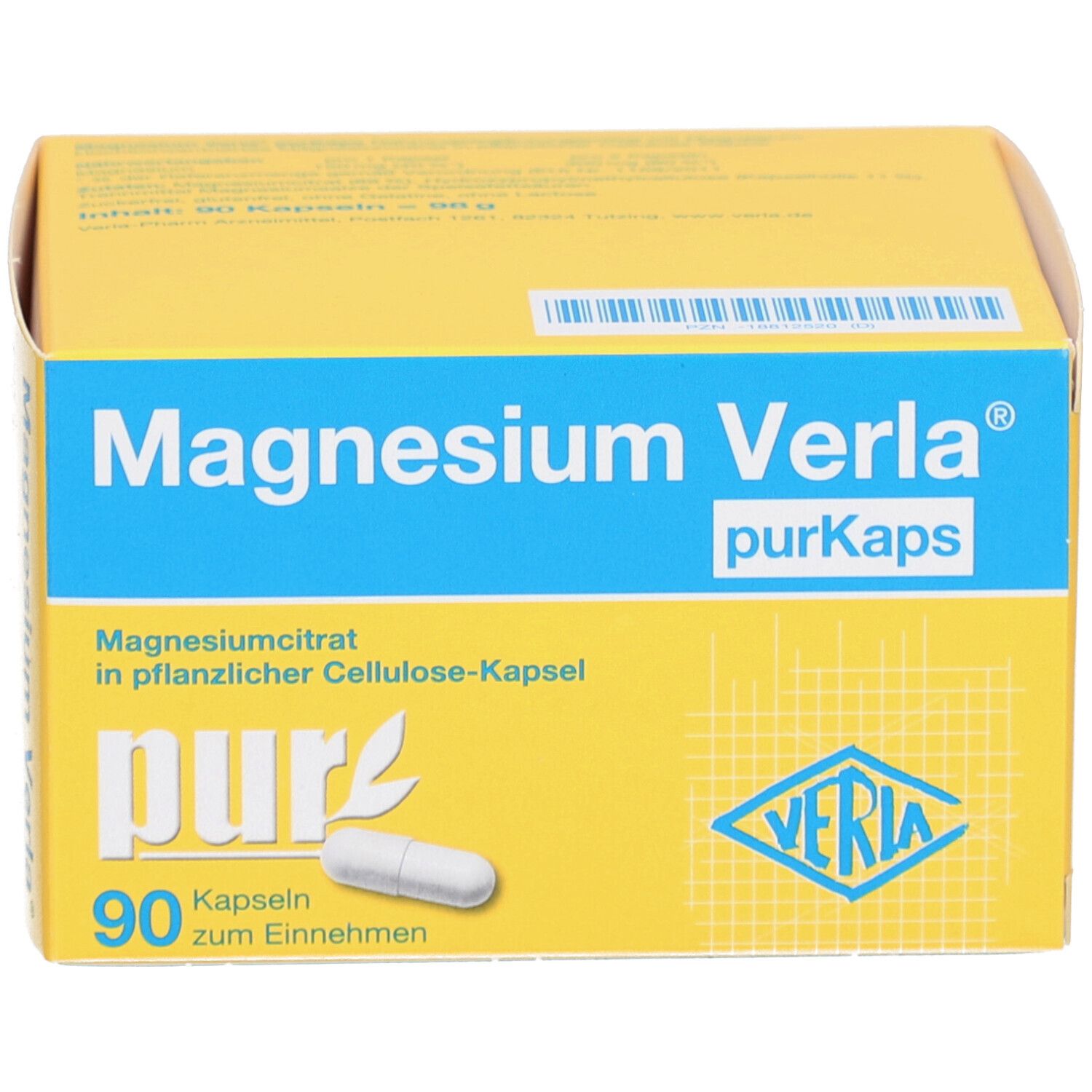 Boîte jaune avec inscription "Magnesium Verla purKaps". Contient 90 gélules. Une gélule est à côté.