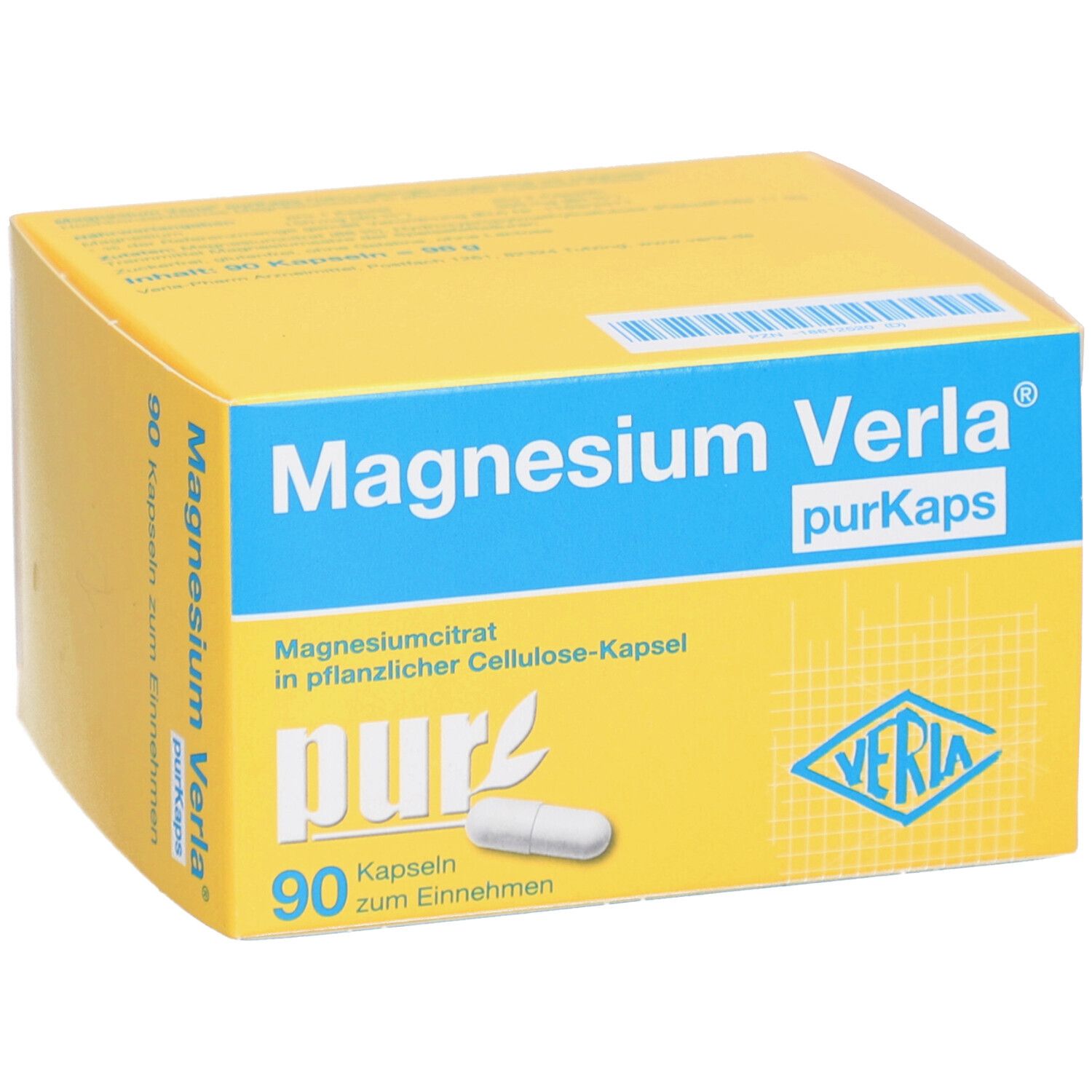 Boîte jaune avec inscription "Magnesium Verla purKaps". Contient 90 gélules. Une gélule est à côté.