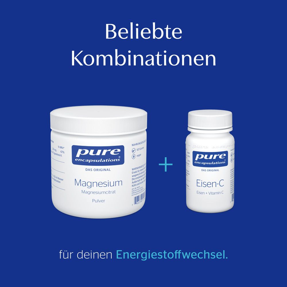 Combinaison de produits : Pure Encapsulations Magnesium Magnesiumcitrat Pulver et Fer-C. Texte : pour votre métabolisme énergétique.