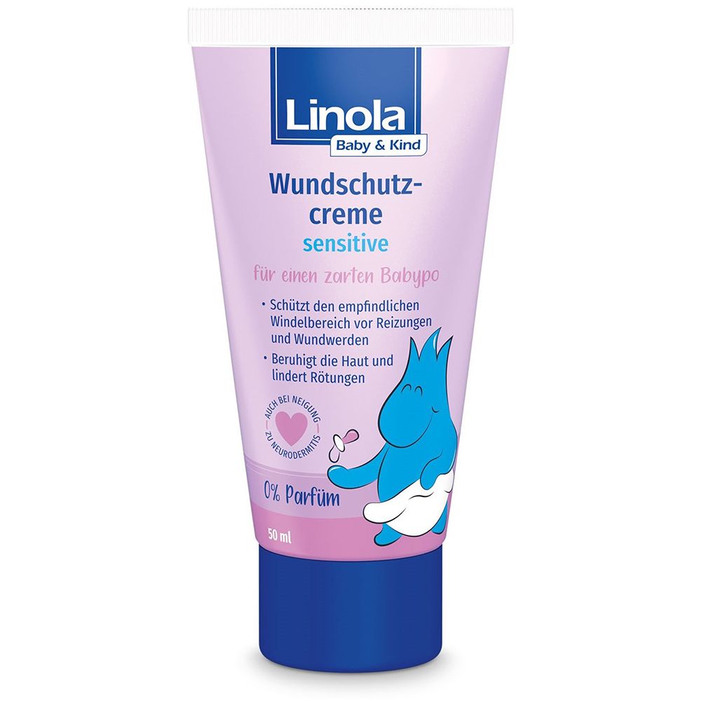 Linola Baby & Kind Wundschutzcreme sensitive. Rosa Tube mit blauem Deckel. Enthält 50 ml.