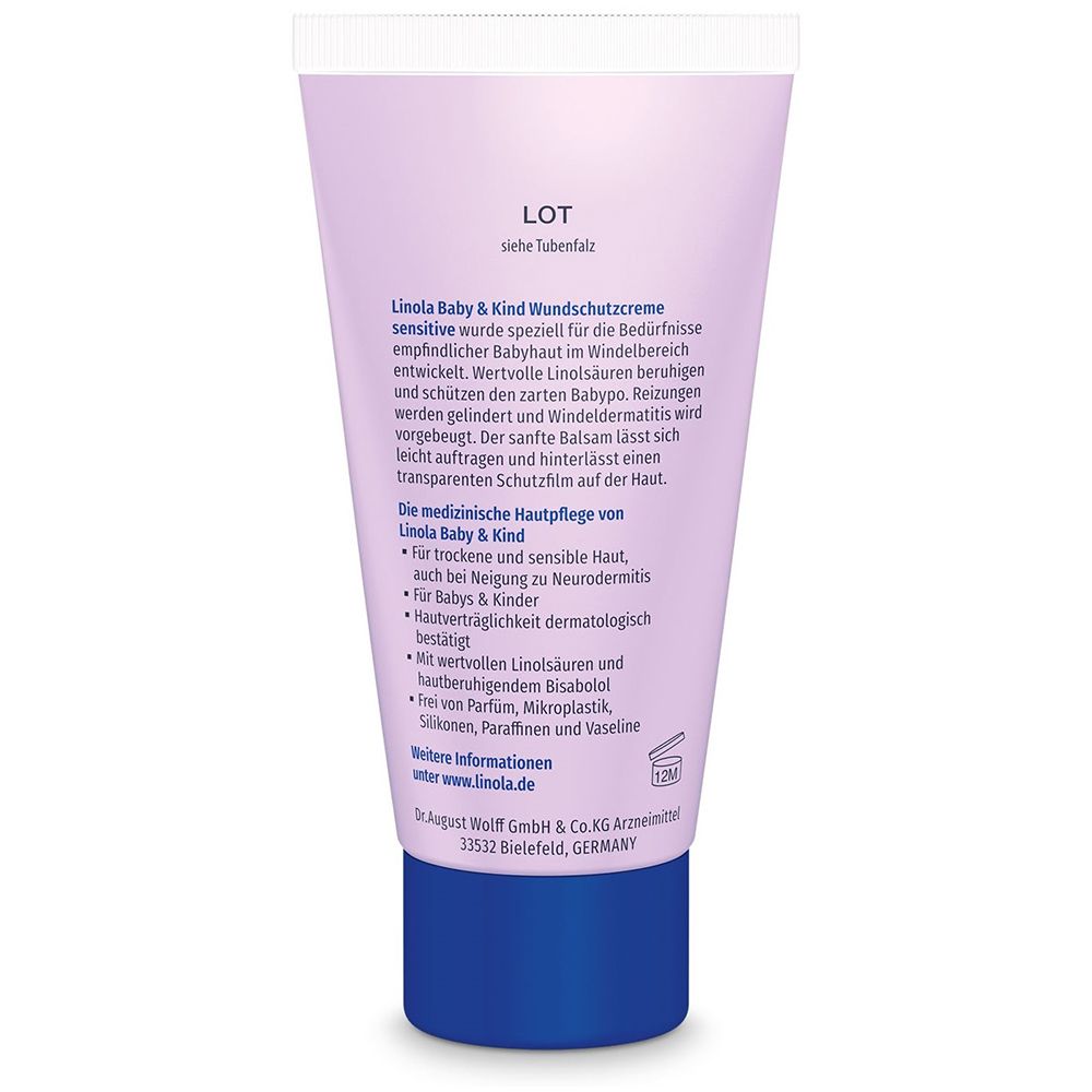 Rückseite der Linola Baby & Kind Wundschutzcreme sensitive Tube. Text in deutscher Sprache.