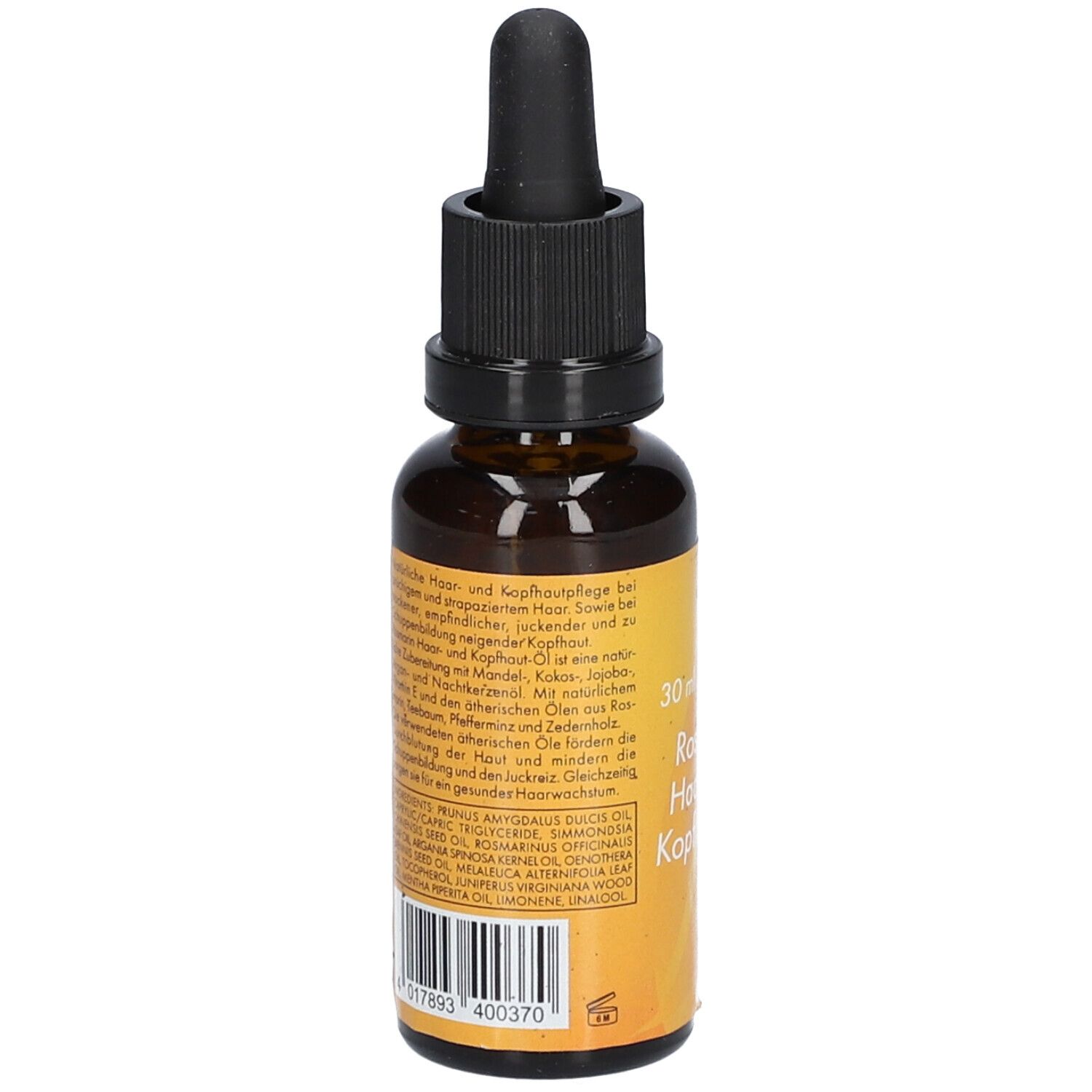 Flacon en verre brun avec compte-gouttes noir. Dos avec texte. Inscription: Rosmarin Haar- und Kopfhaut-Öl, 30 ml.