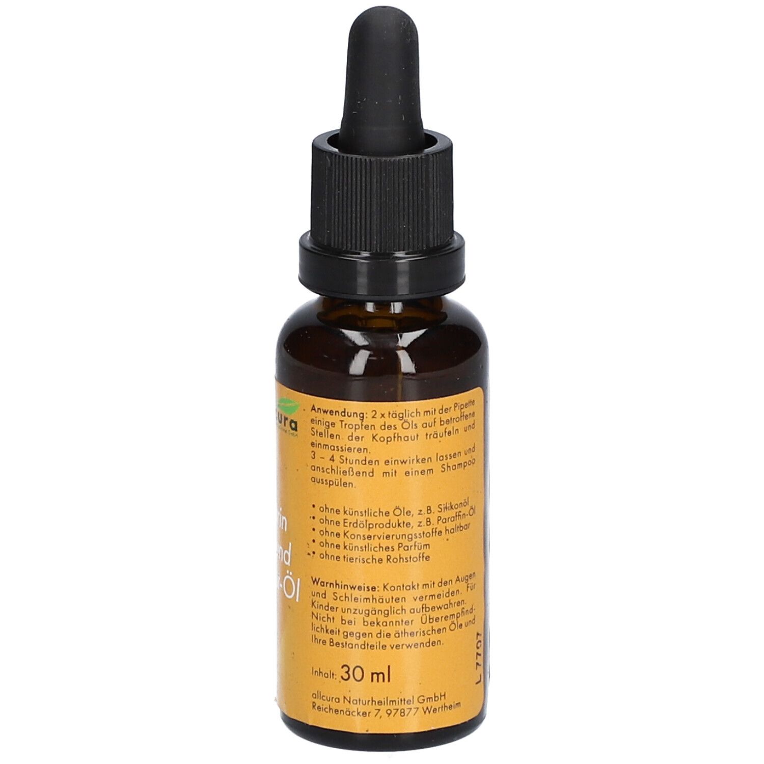 Flacon en verre brun avec compte-gouttes noir. Inscription: Rosmarin Haar- und Kopfhaut-Öl, 30 ml. Marque: allcura.