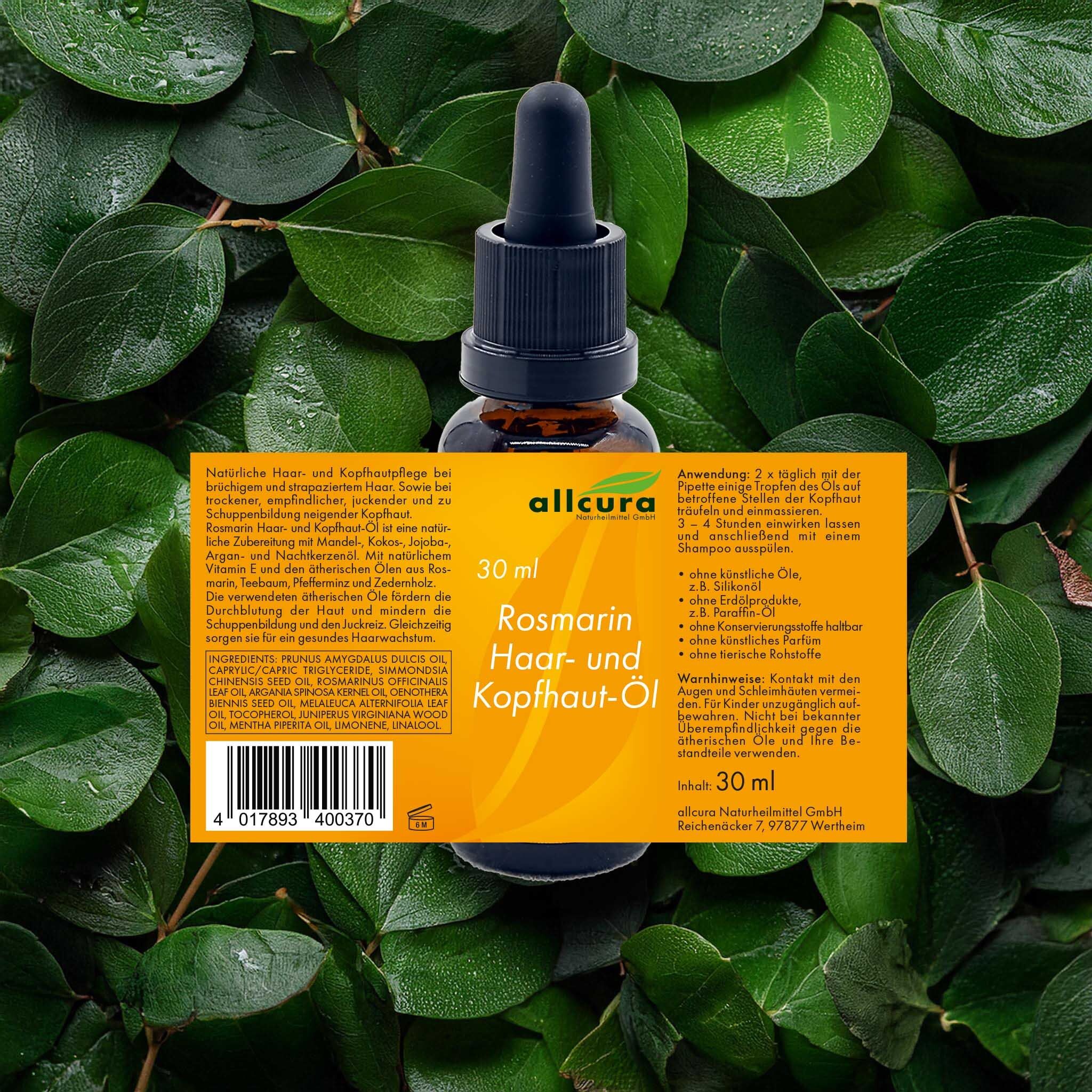 Flacon sur feuilles. Étiquette avec nom du produit, marque et ingrédients. Code-barres.