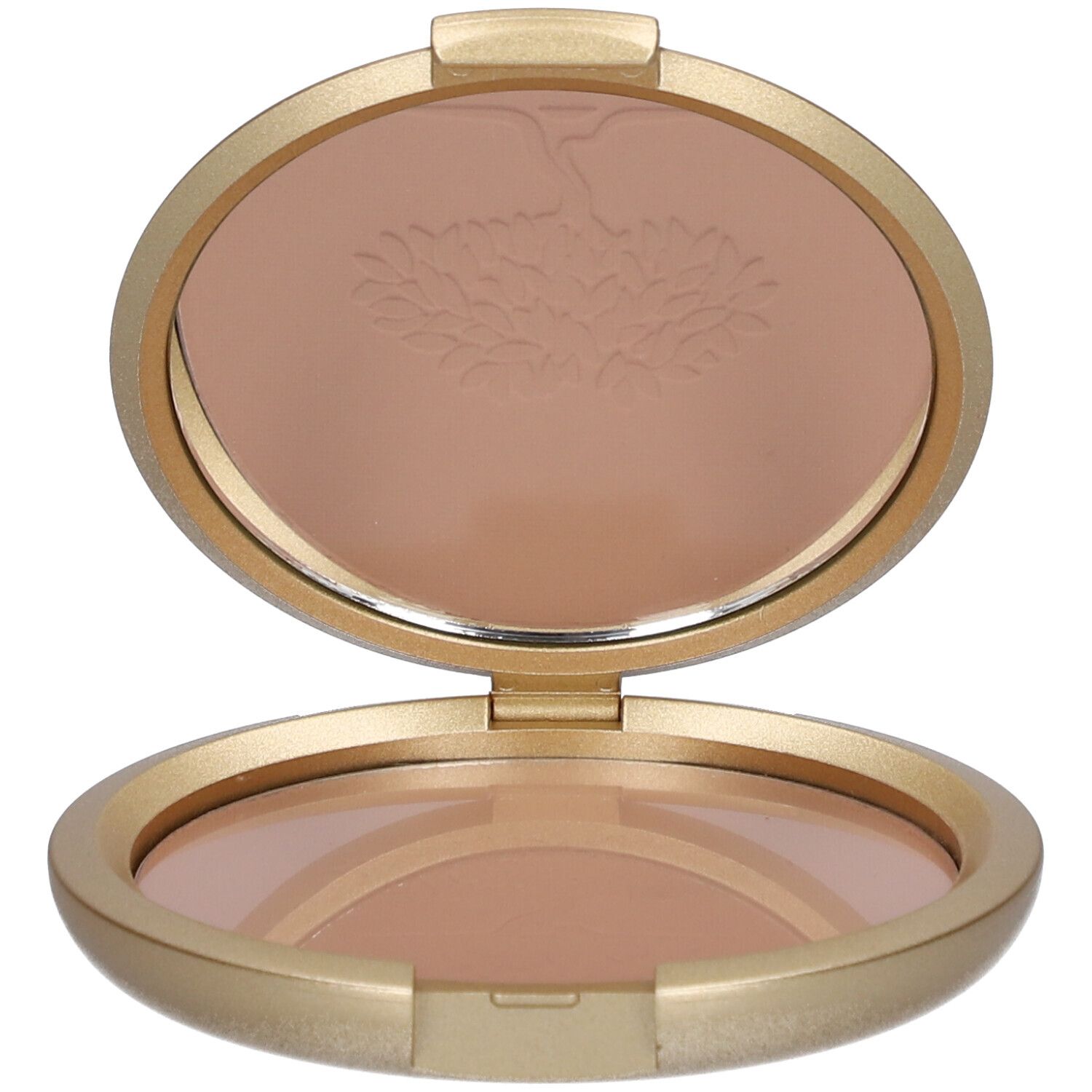 Goldfarbene Puderdose, geöffnet. Spiegel und Puder sichtbar. Auf dem Puder ein Muster. 