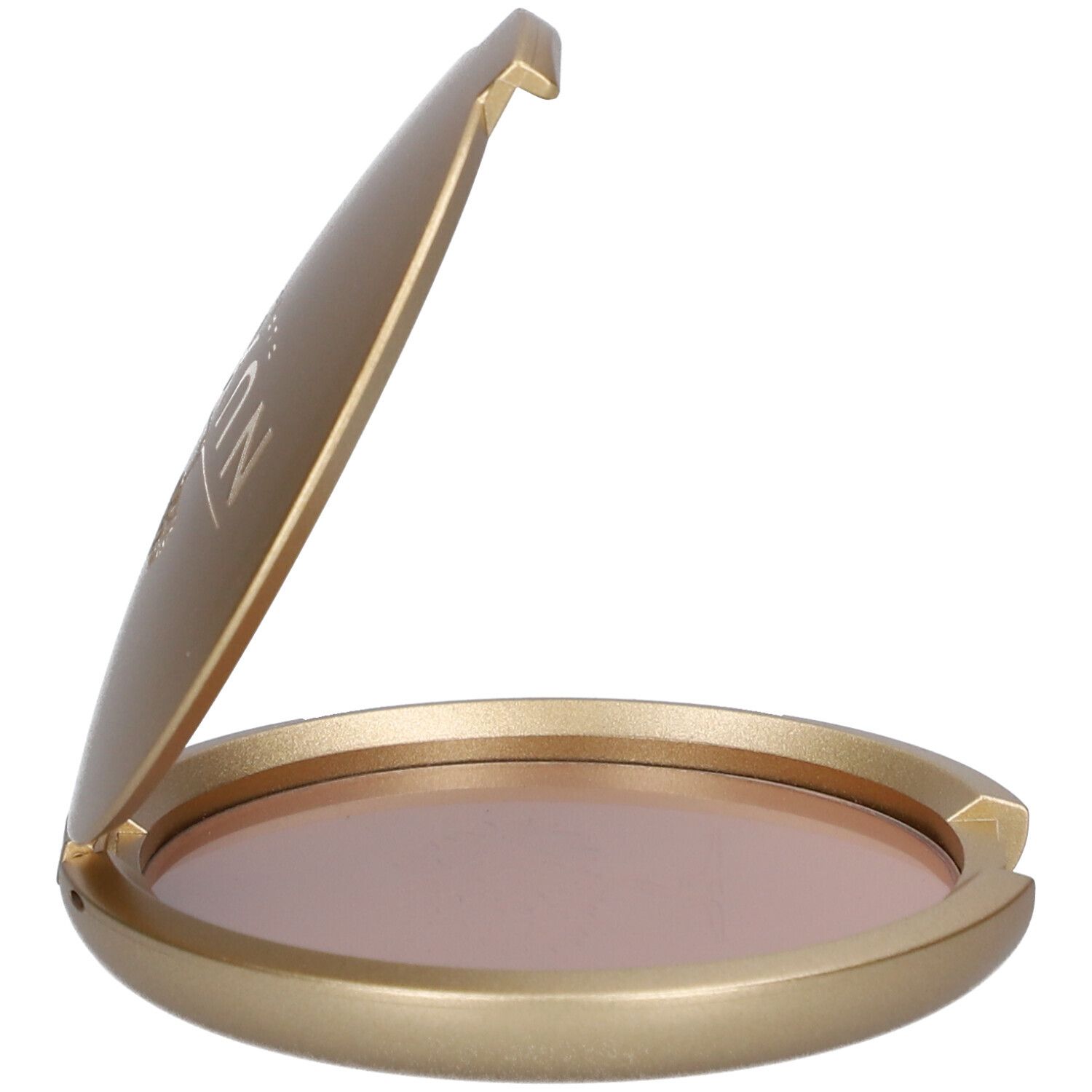 Geöffnete, goldfarbene Puderdose. Puder und Spiegel sichtbar. 
