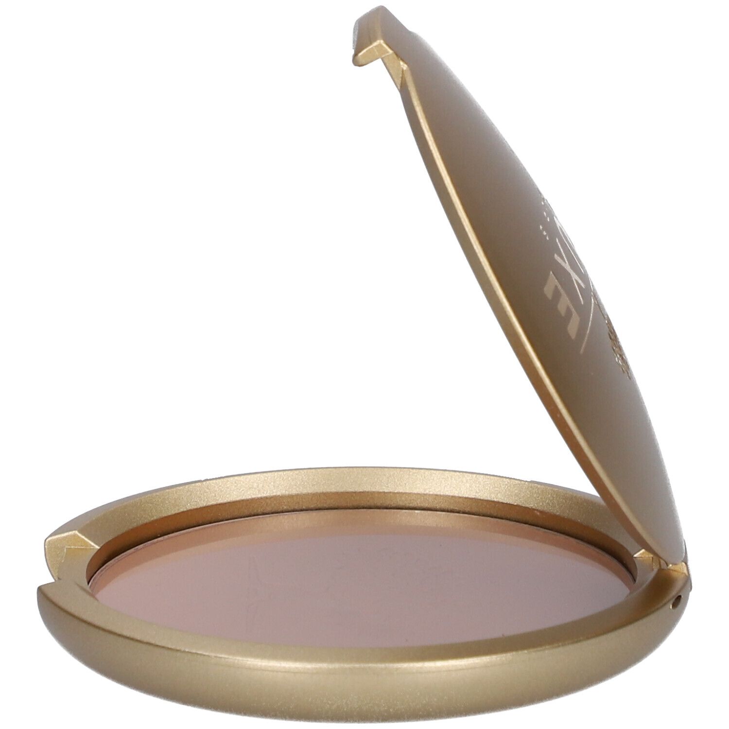 Geöffnete, goldfarbene Puderdose. Puder sichtbar. 