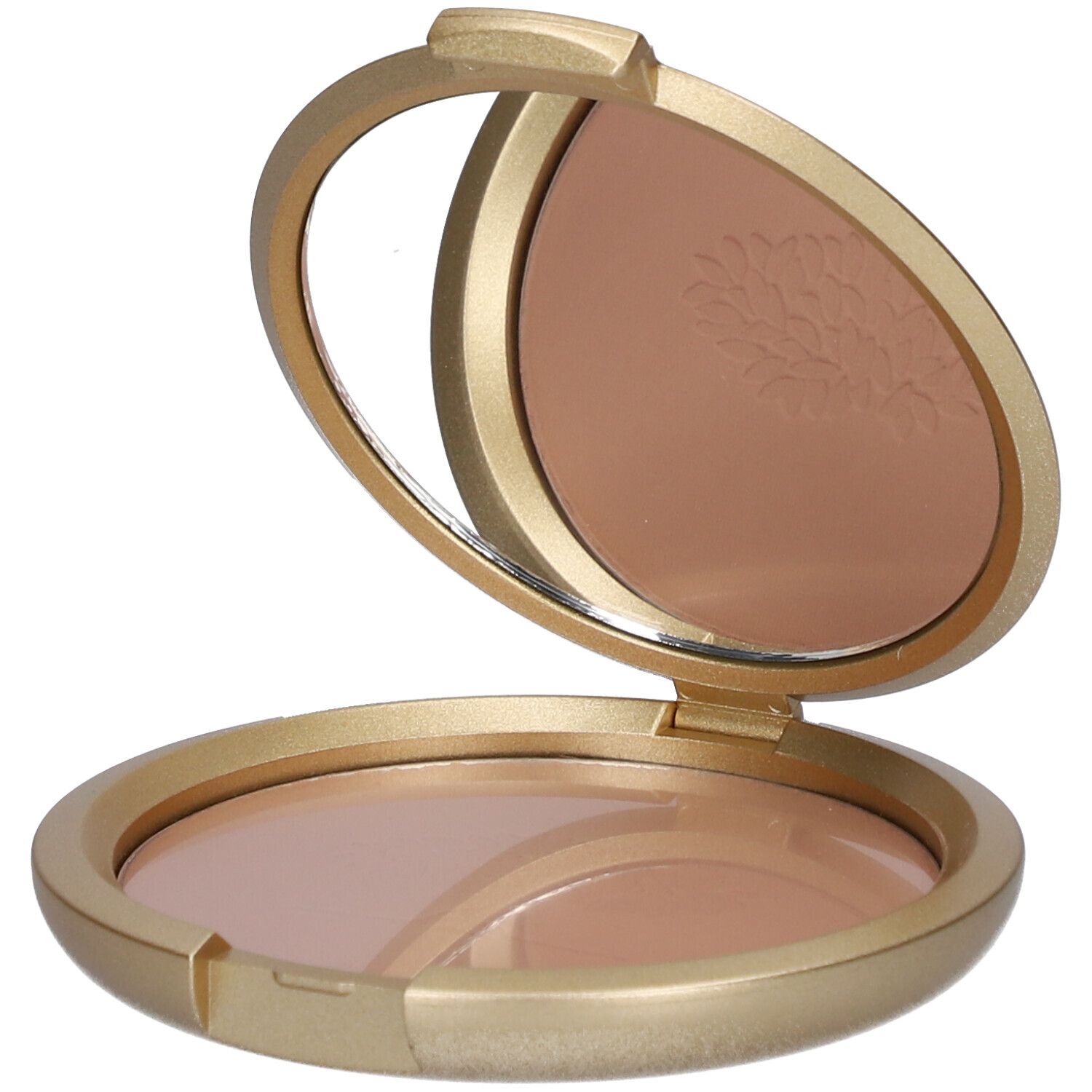 Goldfarbene Puderdose, geöffnet. Spiegel und Puder sichtbar. Auf dem Puder ein Muster.