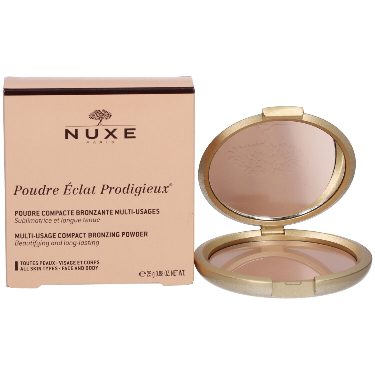 Puder und Verpackung. Goldfarbene Puderdose neben beiger Schachtel. Text auf der Schachtel.