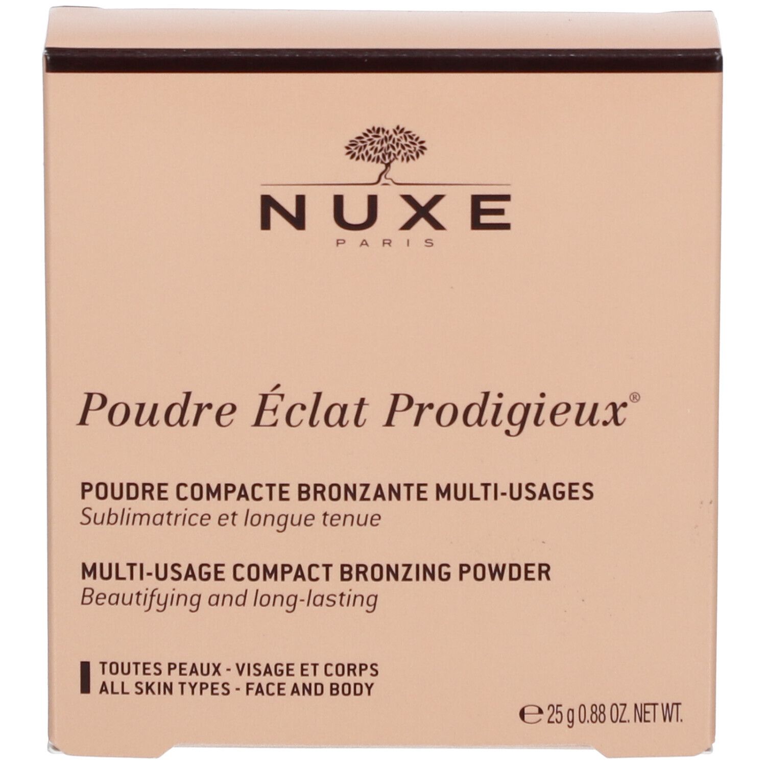 Beige Schachtel mit Text. Marke NUXE PARIS. Produktname: Poudre Éclat Prodigieux.