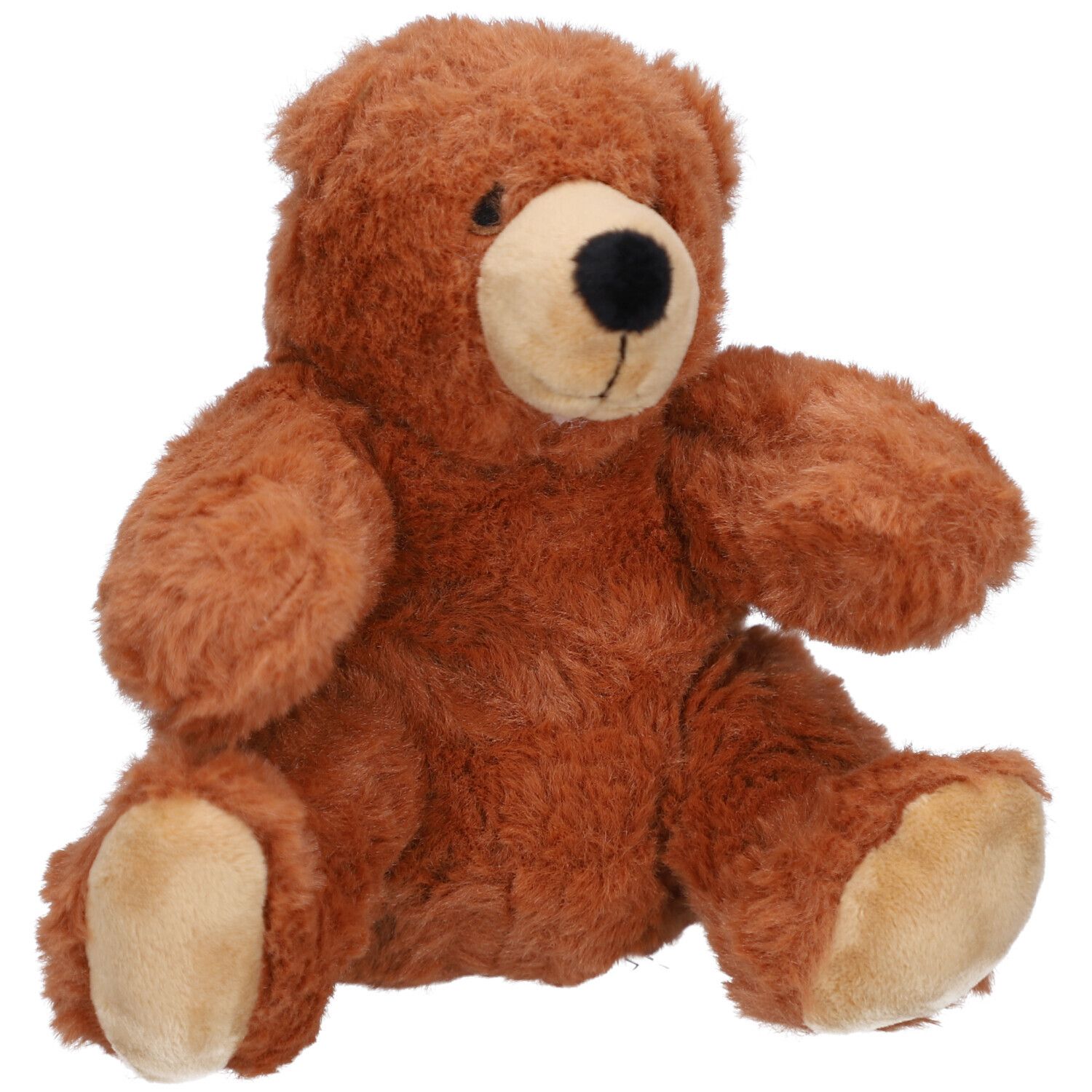 Brauner Teddybär, sitzend. Hellbraune Schnauze und Pfoten. Schwarze Nase. Weiches, braunes Fell. Blick nach oben.