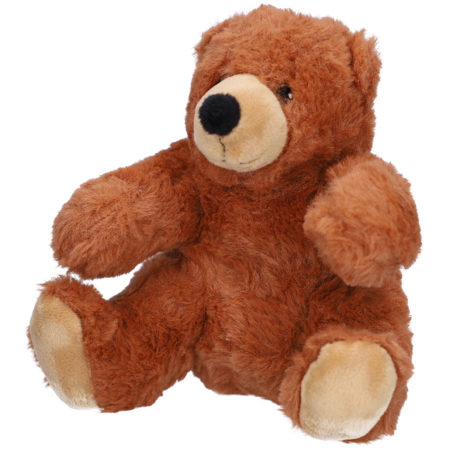 Brauner Teddybär, sitzend. Hellbraune Schnauze. Schwarze Nase. Weiches, braunes Fell. Blick zur Seite.