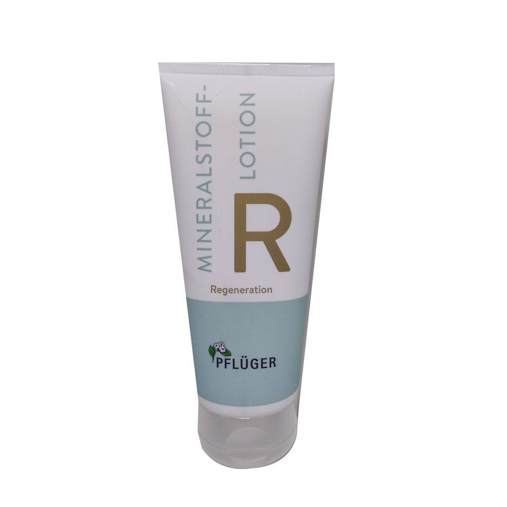Tube blanche avec inscription "MINERALSTOFF- LOTION R". Bande verte, lettre "R", logo "Pflüger". Bouchon transparent.