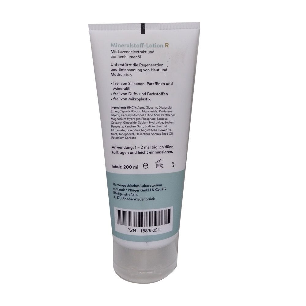 Dos du tube avec texte : "Mineralstoff-Lotion R". Ingrédients, instructions d'utilisation, informations fabricant. Code-barres en bas.
