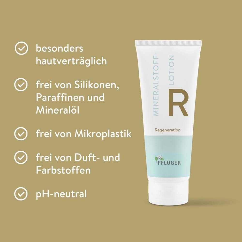 Tube Mineralstoff-Lotion R. Text: besonders hautverträglich, frei von Silikonen, Paraffinen und Mineralöl, Mikroplastik, Duft- und Farbstoffen, pH-neutral.