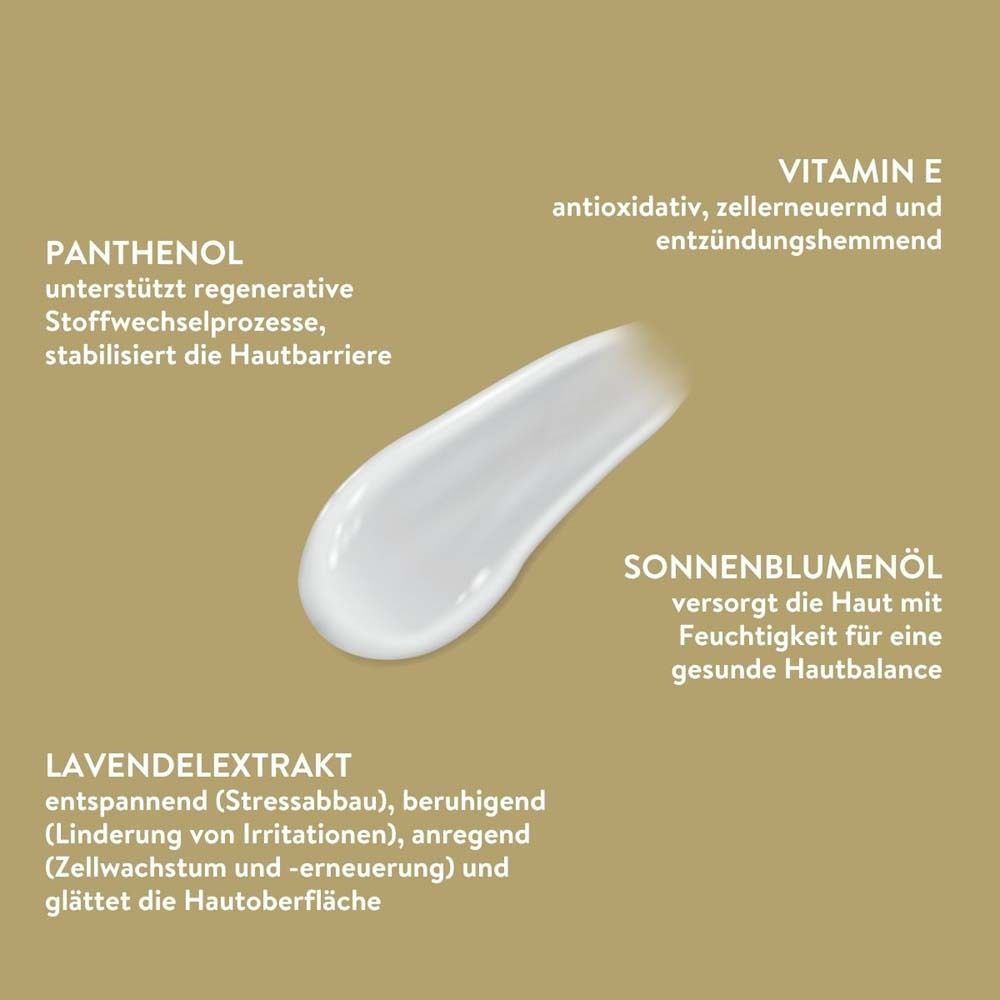 Produkt-Inhaltsstoffe: Panthenol, Sonnenblumenöl, Lavendelextrakt, Vitamin E. Text: entspannend, beruhigend, anregend, glättet die Hautoberfläche.