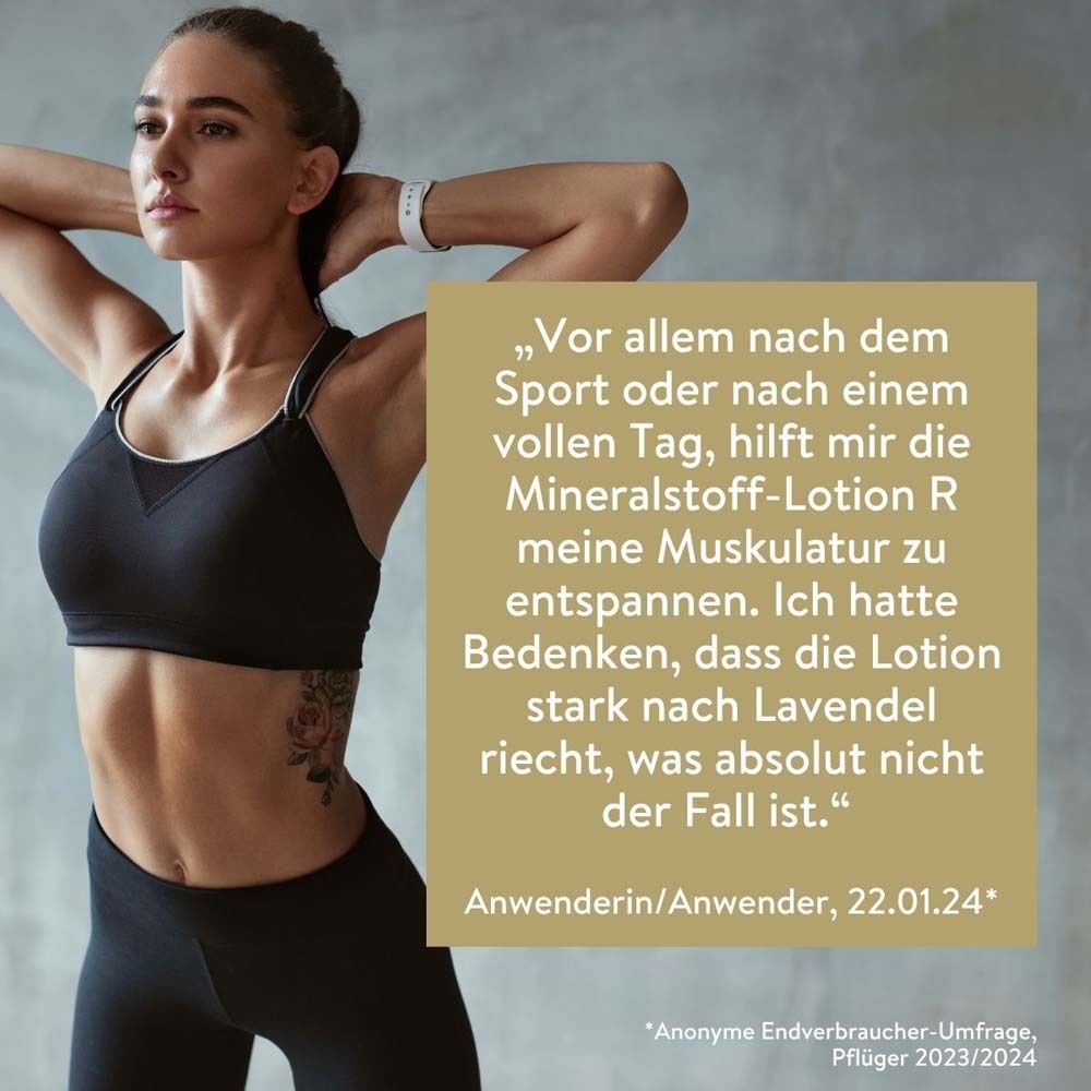 Frau in Sportkleidung. Zitat: Mineralstoff-Lotion R hilft mir, meine Muskulatur zu entspannen.