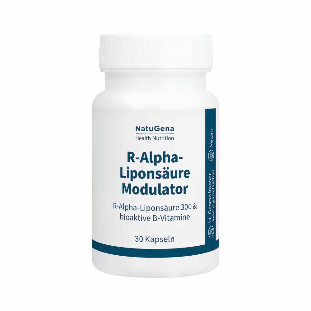 Flacon blanc avec capsules. Inscription : R-Alpha-Liponsäure Modulator, 30 capsules. Vegan.