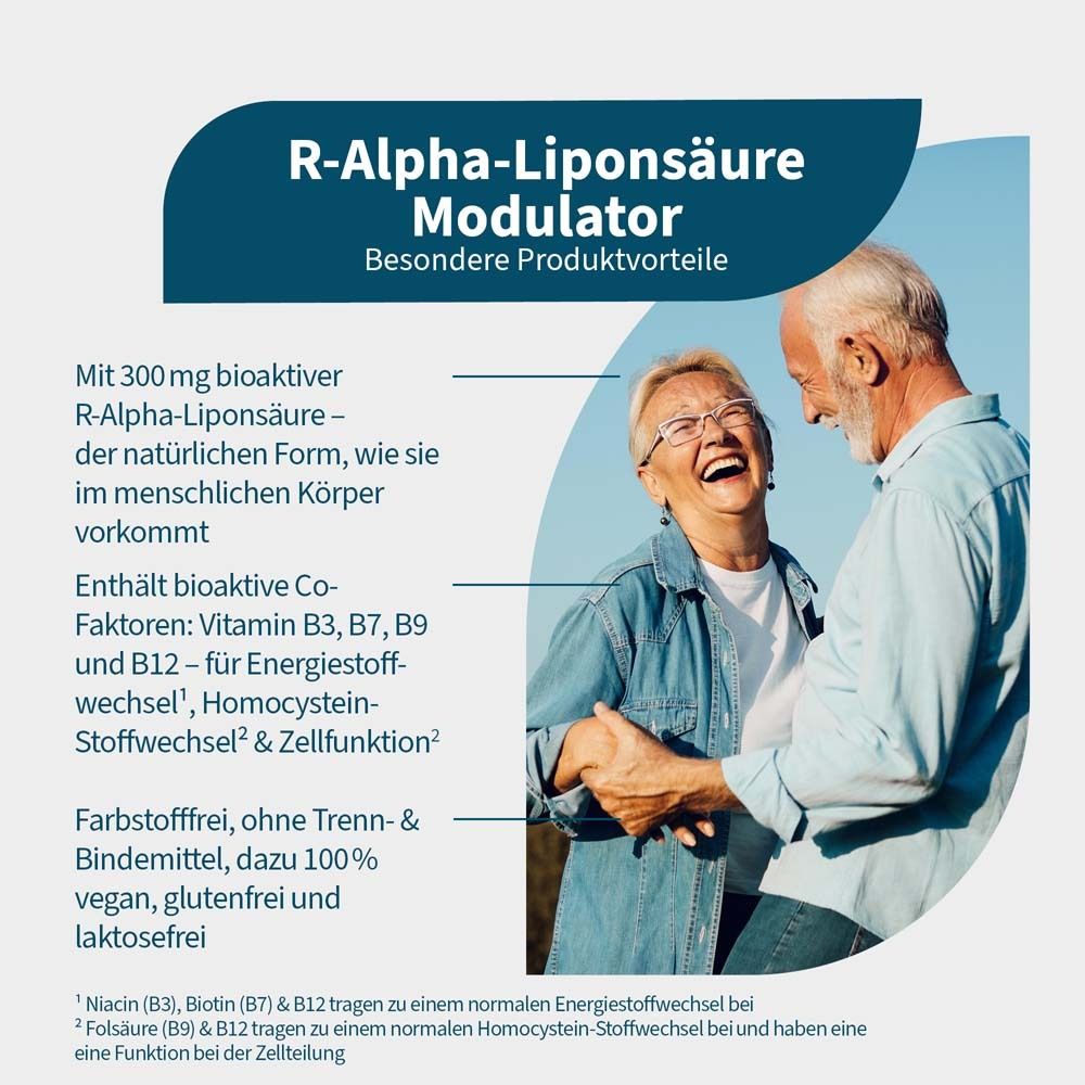 Couple âgé riant. Texte : R-Alpha-Liponsäure Modulator. Avantages : 300mg R-Alpha-Liponsäure, Vitamines B.