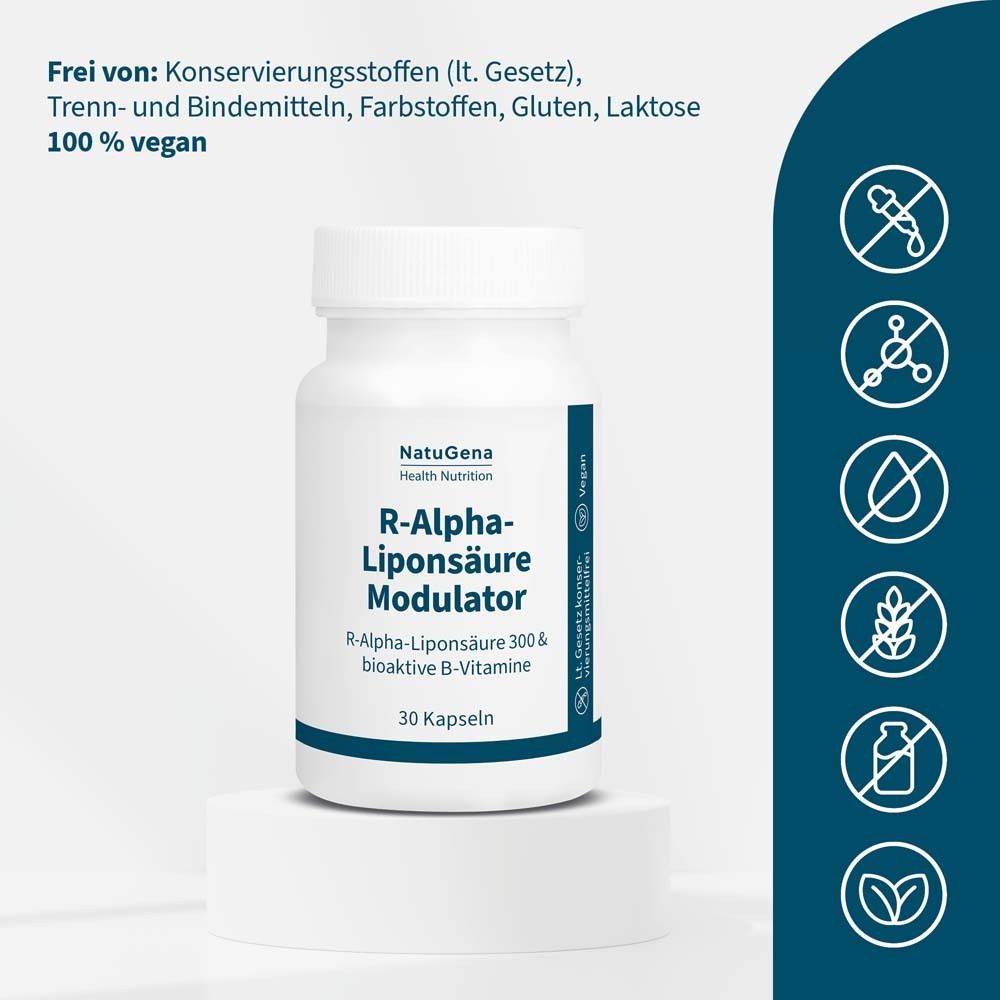 Flacon blanc avec capsules. Texte : R-Alpha-Liponsäure Modulator, 30 capsules. Sans : gluten, lactose, vegan.