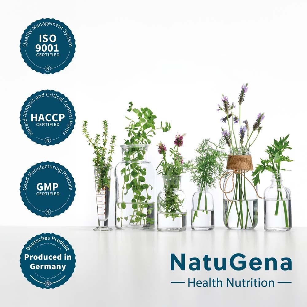 Certifications : ISO 9001, HACCP, GMP. Herbes dans des vases en verre. NatuGena Health Nutrition.