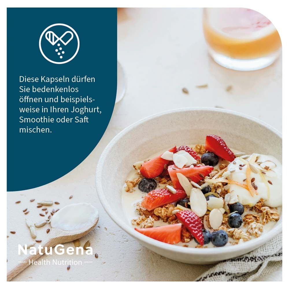 Bol de muesli, baies et noix. Texte : Les gélules peuvent être mélangées dans du yaourt, un smoothie ou du jus.