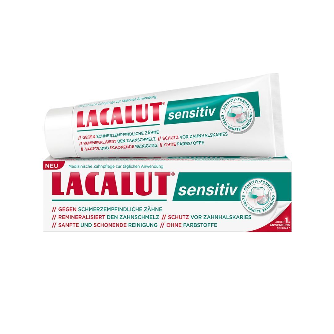 Zahnpasta-Tube und -Schachtel. Aufschrift: LACALUT sensitiv. Für empfindliche Zähne.