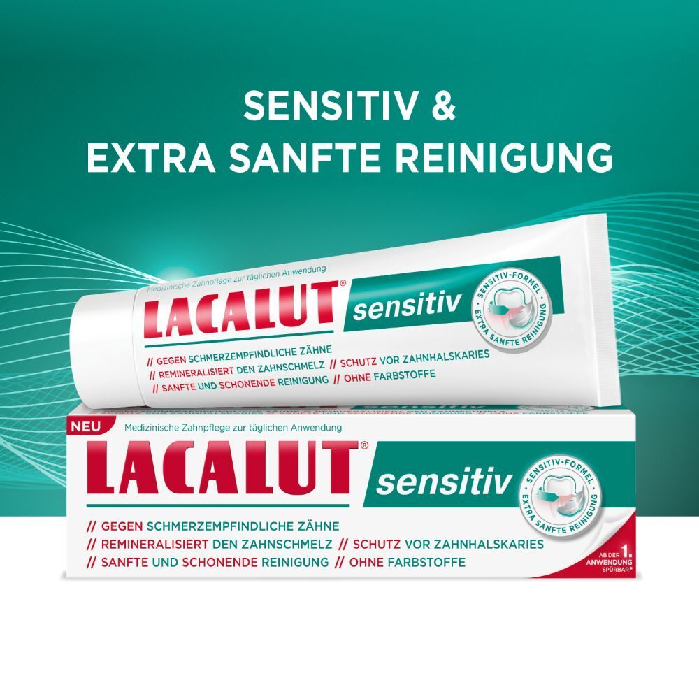 Zahnpasta-Tube und -Schachtel. Aufschrift: LACALUT sensitiv. Für empfindliche Zähne.