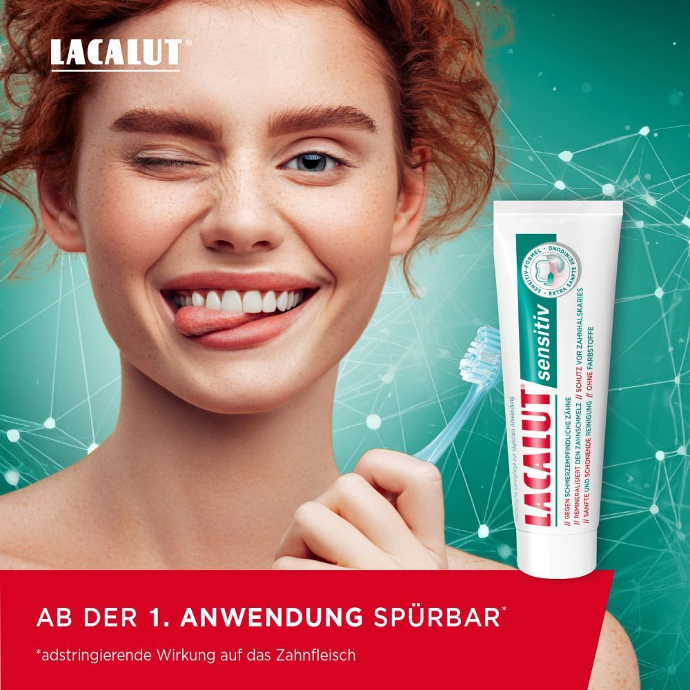 Frau mit Zahnbürste und Zahnpasta. Aufschrift: LACALUT. Für empfindliche Zähne.