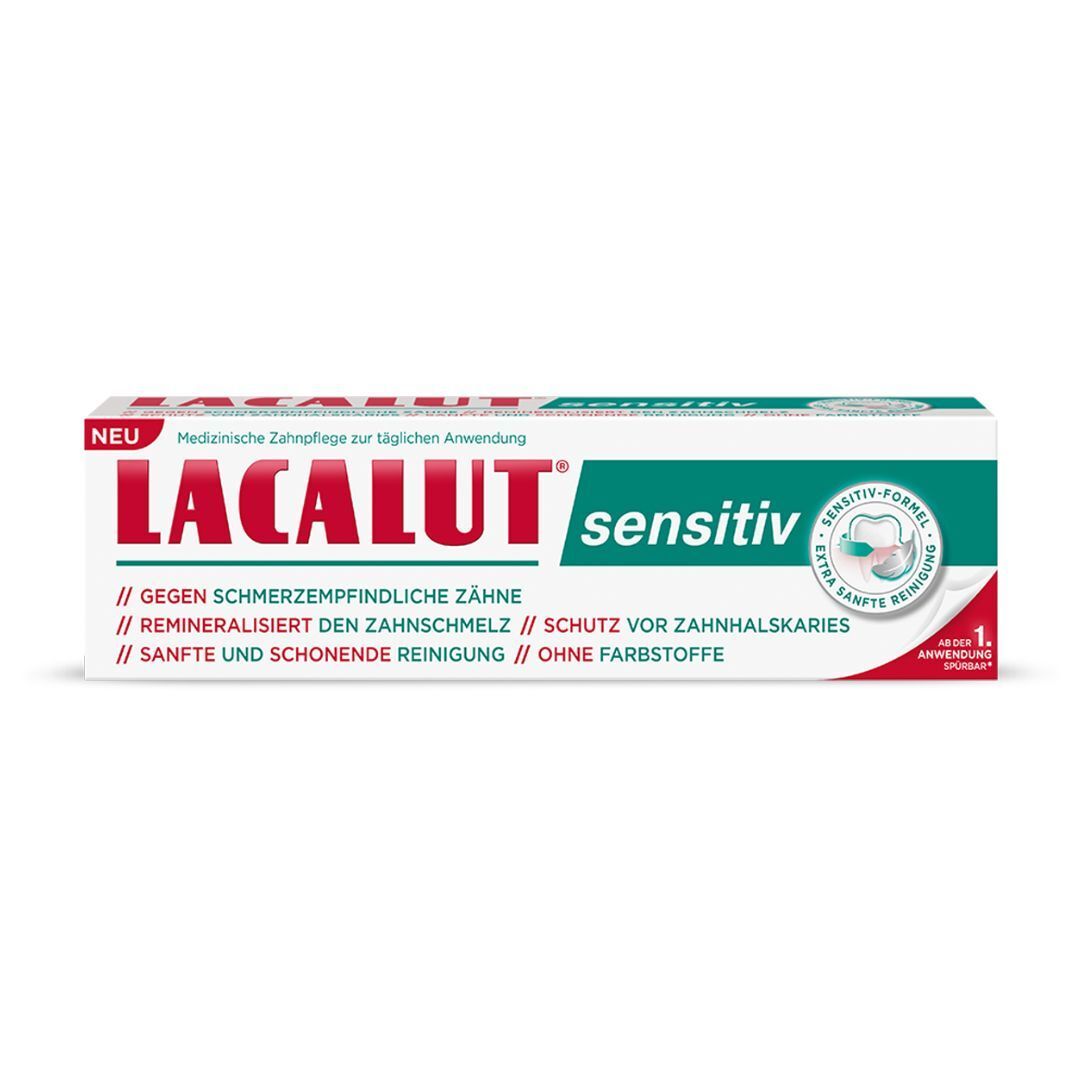 Zahnpasta-Schachtel. Aufschrift: LACALUT sensitiv. Für empfindliche Zähne.