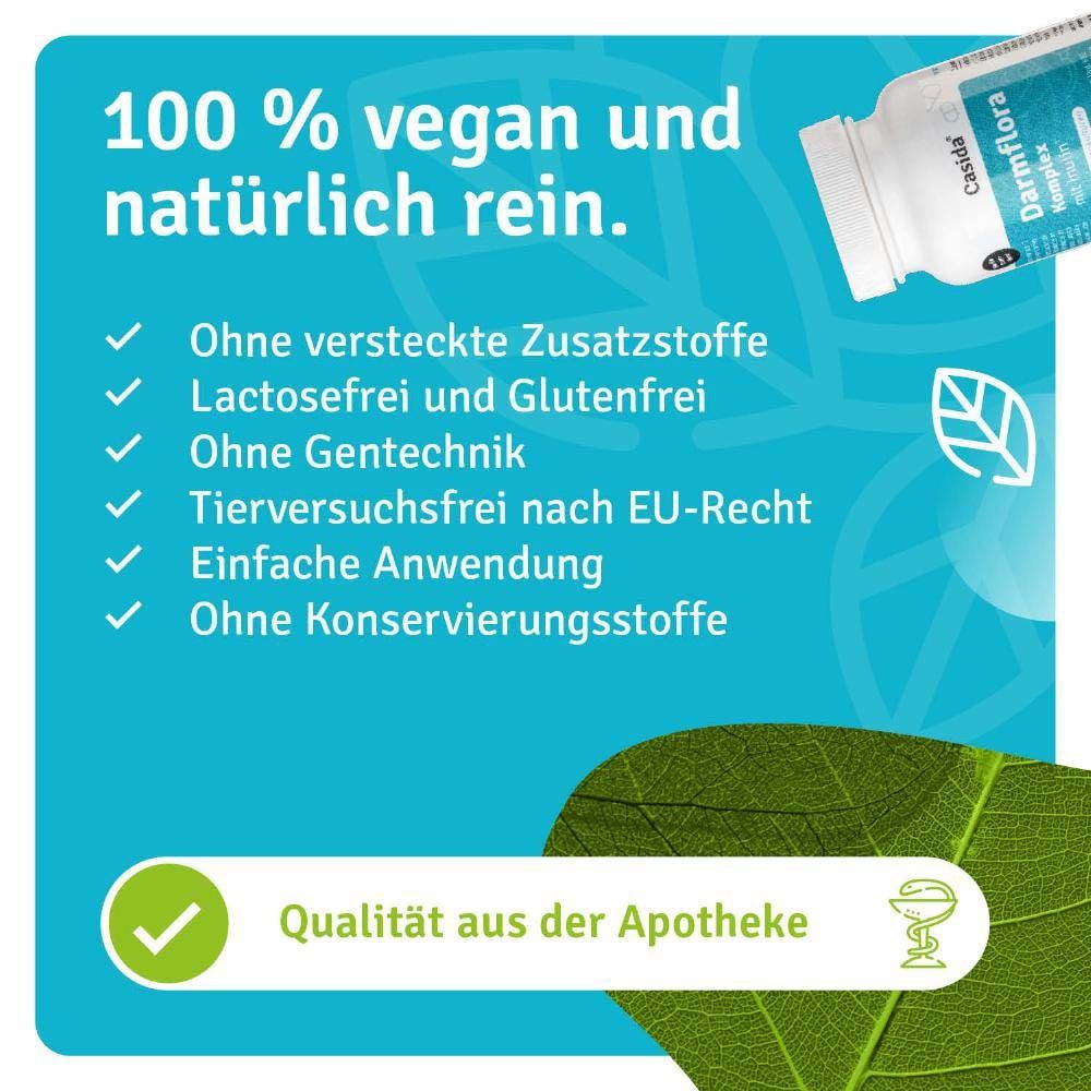 Produktflasche mit Vorteilen. Ohne versteckte Zusätze, laktosefrei, ohne Gentechnik, tierversuchsfrei, einfache Anwendung.