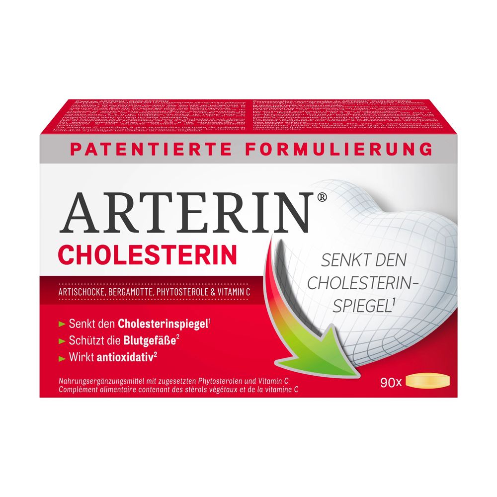 Arterin Cholesterin Tabletten-Packung. Rote und weiße Verpackung mit Produktnamen und Logo.