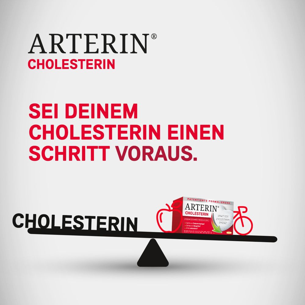 Text: „Sei deinem Cholesterin einen Schritt voraus.“ Produktverpackung auf einer Waage.