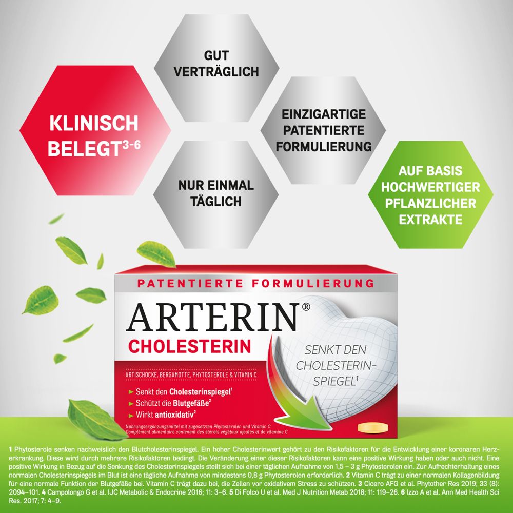 Arterin Cholesterin Packung. Vorteile: Senkt den Cholesterinspiegel, schützt die Blutgefäße, wirkt antioxidativ. Zusätzliche Icons.