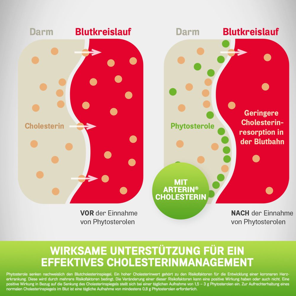 Diagramm: Vergleich Cholesterin vor und nach Einnahme von Phytosterolen. Roter und beiger Hintergrund.